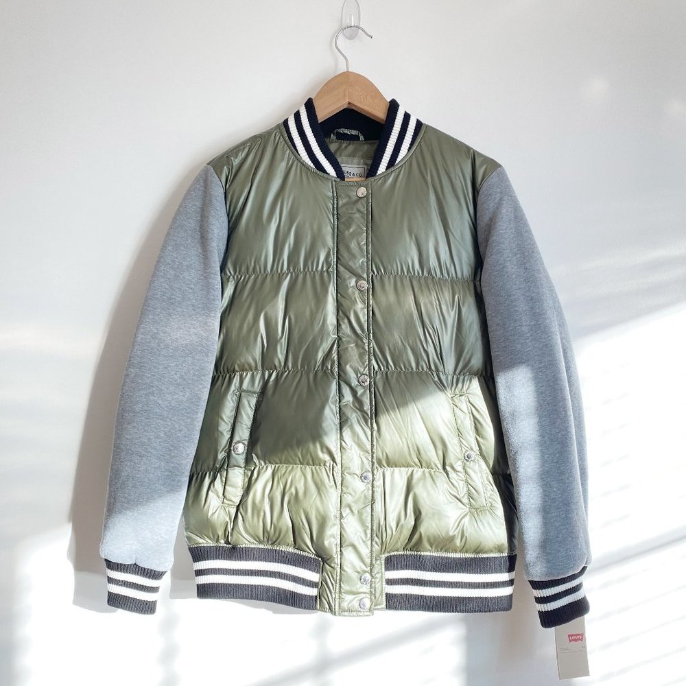 Levi's Mixed-Media Quilted Varsity Bomber Jacket, Gray/Green, Medium